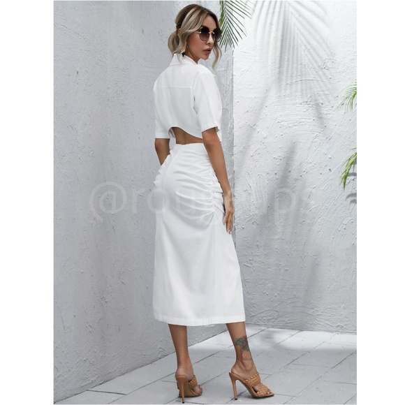 White Button Front Cut Out Back Midi Dress Short Sleeve Ruched Hips Collared - Picture 5 of 10